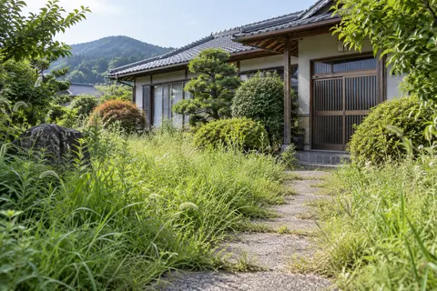 草が伸び、手入れが必要な離れて暮らす実家の庭